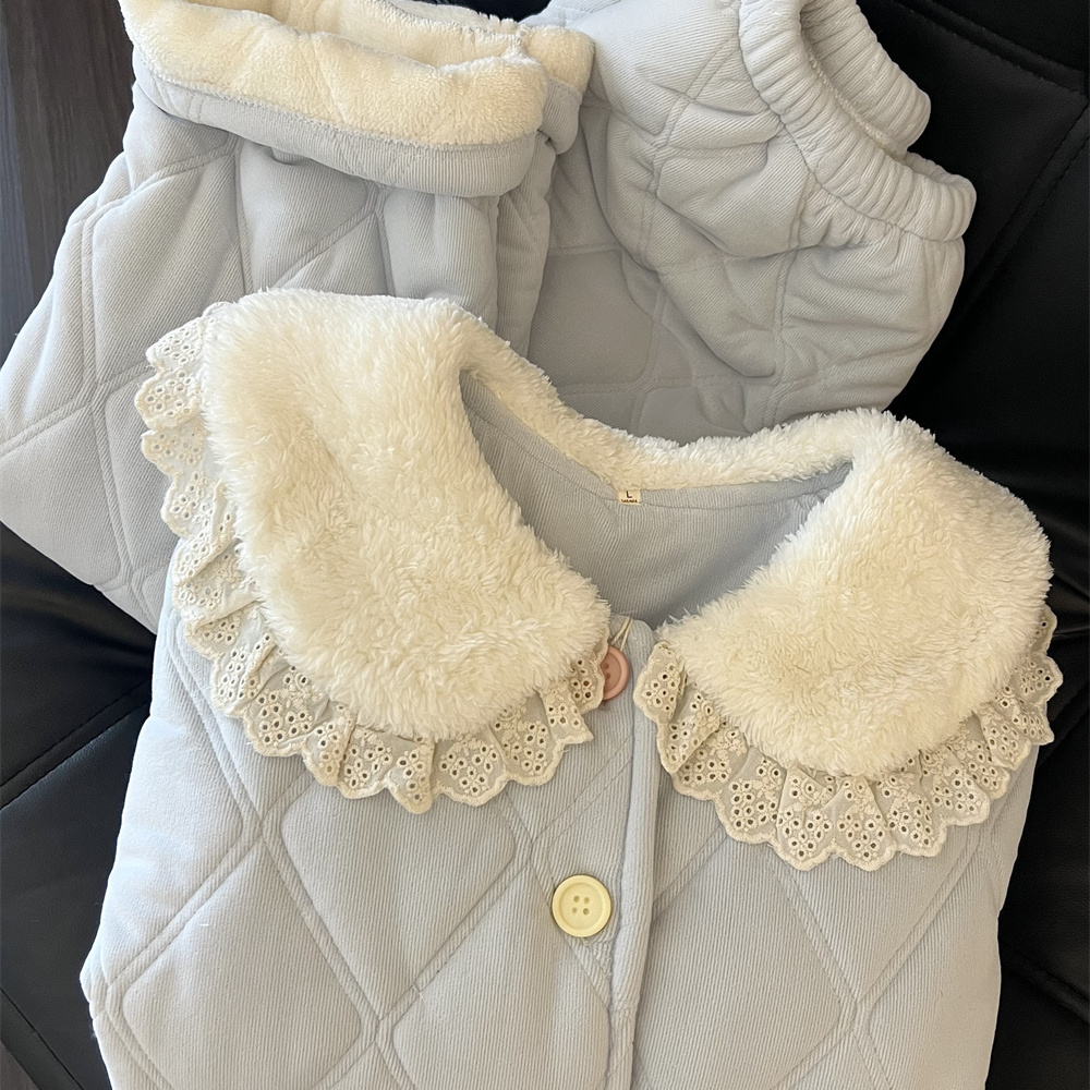 韩版甜美蕾丝拼接娃娃领夹棉睡衣冬季女款大码加绒加厚家居服套装