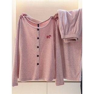 甜美小狗慵懒德绒睡衣女春秋季新款大码长袖长裤家居服套装可外穿