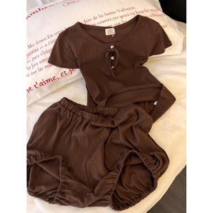 复古美拉德棕色短袖 新款 休闲慵懒可出门家居服套装 睡衣女2026夏季