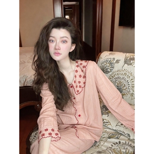 家居服套装 法式 可出门 长裤 亲肤长袖 甜美风花卉印花睡衣女款 春秋季