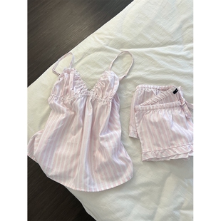可外穿 家居服套装 纯欲少女条纹木耳边吊带睡衣女夏款 休闲背心短裤