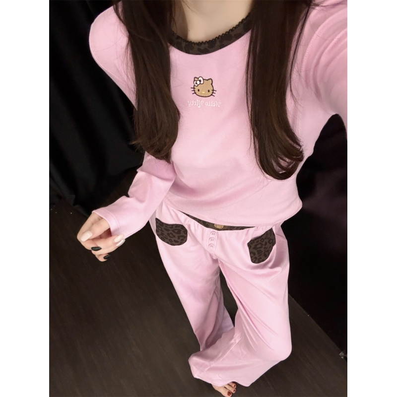 韩系甜美少女豹纹辣妹长袖睡衣女