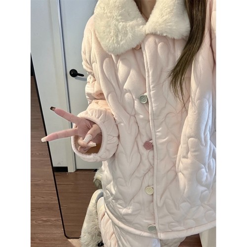 甜美风浅蓝蕾丝领三层夹棉睡衣女