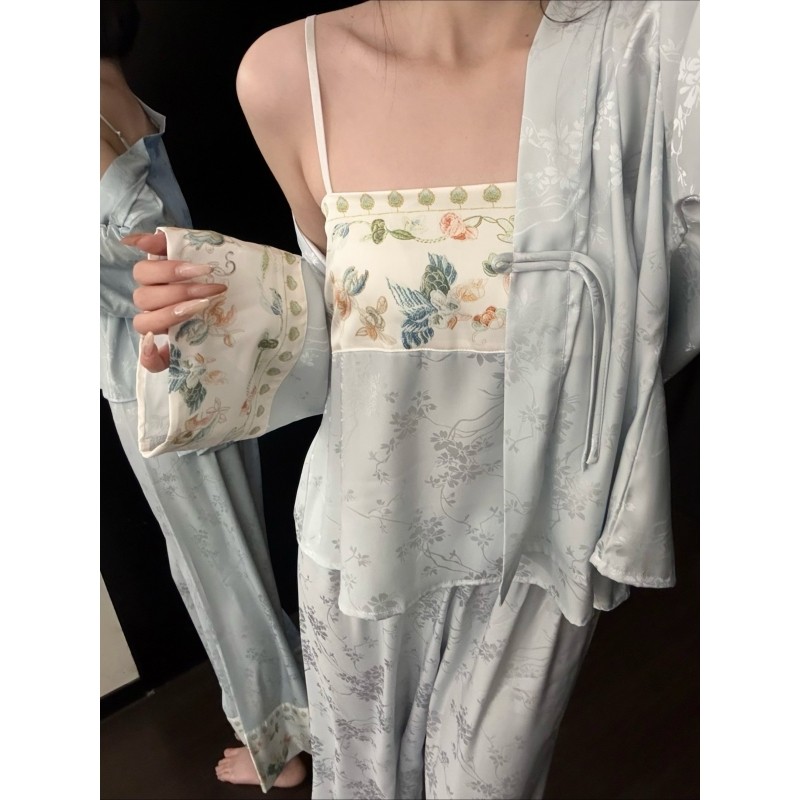 高级感新中式设计少女吊带睡衣女春夏季新款家居服长袖长裤三件套,女士内衣/男士内衣/家居服,睡衣/家居服套装,淘宝优惠券,粉丝福利购,淘宝优惠卷