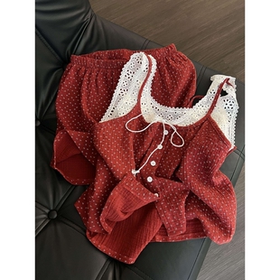 家居服套装 甜美红色蕾丝假两件睡衣女2026春夏季 棉质短裤 大码 新款