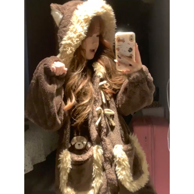 可爱小浣熊珊瑚绒睡裙女秋冬睡衣