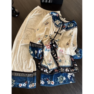 国风新中式复古花卉金丝绒睡衣女秋冬新款古风长袖套装大码家居服