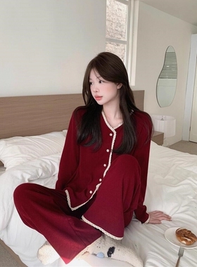 甜美蕾丝边开衫睡衣女秋冬新款大码红色加厚保暖本命年家居服套装