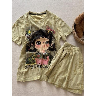 休闲家居服套装 夏季 可外穿长裤 薄荷绿卡通女孩宽松短袖 睡衣女新款