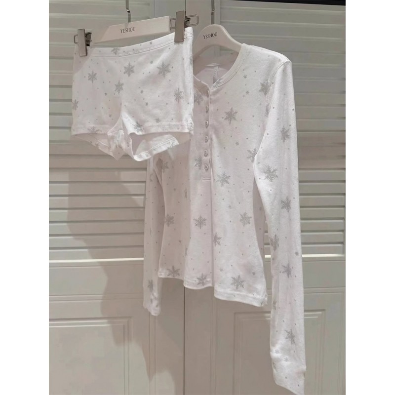 少女温柔风雪花印花设计感睡衣女新款大码舒适长袖短裤家居服套装,女士内衣/男士内衣/家居服,睡衣/家居服套装,淘宝优惠券,粉丝福利购,淘宝优惠卷