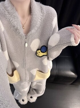 韩版卡通波点半边绒睡衣少女秋冬季加绒加厚开衫可外穿家居服套装