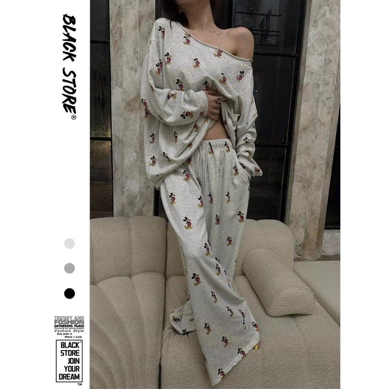 韩版设计感露肩米奇睡衣女春秋季新款纯棉长袖长裤家居服大码套装,女士内衣/男士内衣/家居服,睡衣/家居服套装,淘宝优惠券,粉丝福利购,淘宝优惠卷