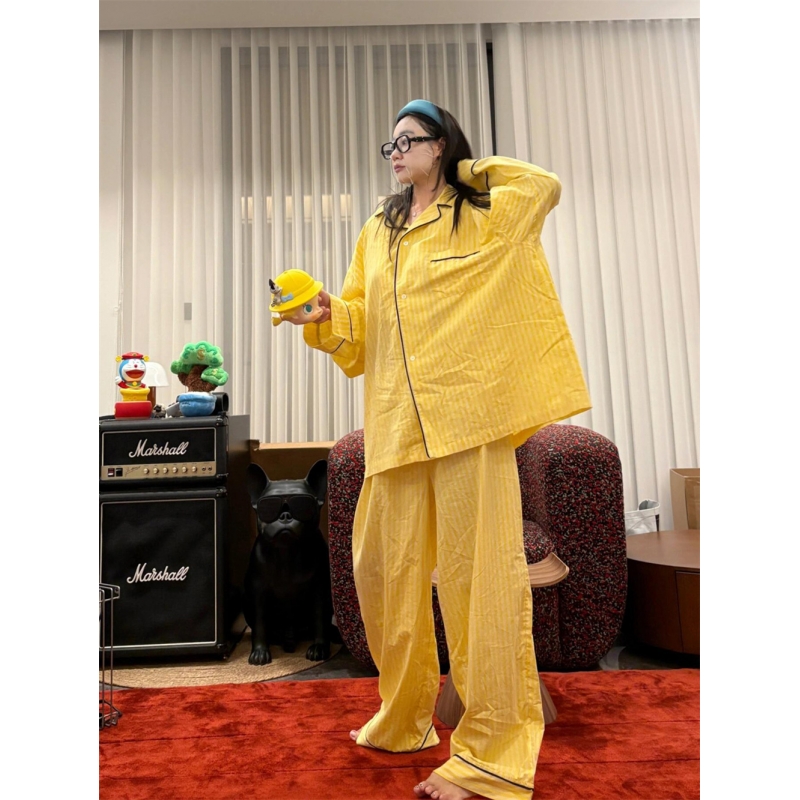 韩系慵懒风撞色条纹睡衣女春秋2025新款长袖长裤家居服套装可外穿