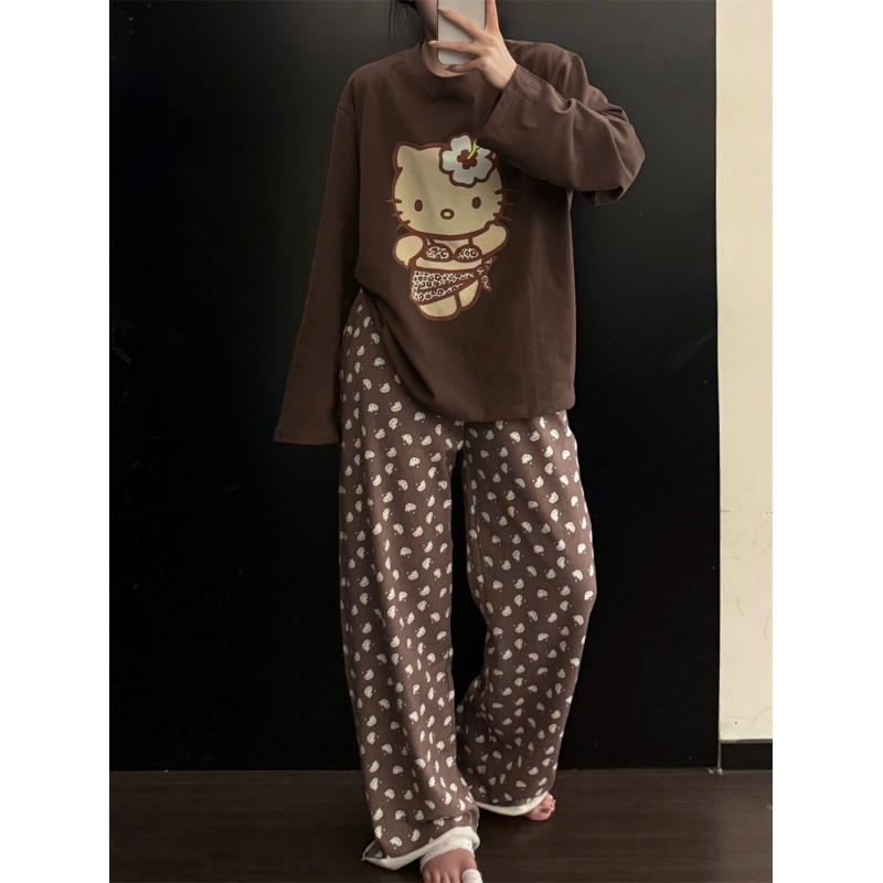 甜美卡通HelloKitty德绒睡衣女冬季新款大码可外穿居家服套装ins
