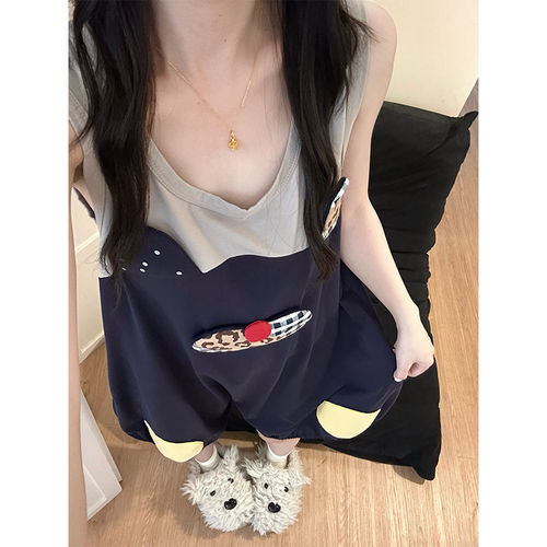 ins韩系撞色猫睡衣夏季连体