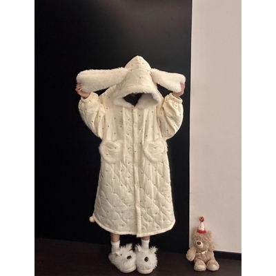 软萌可爱兔耳朵夹棉睡衣冬季睡袍