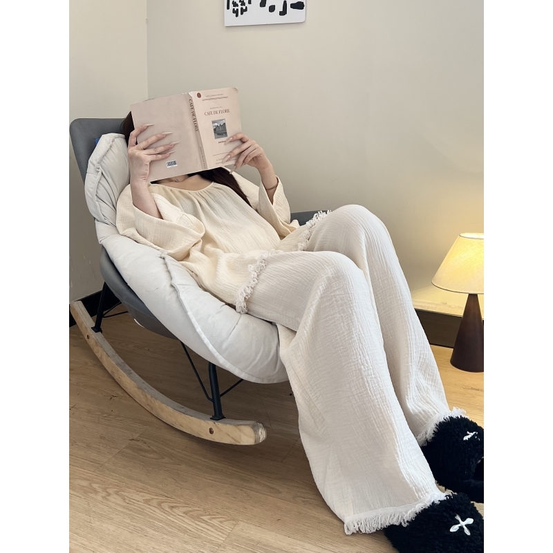 棉纱睡衣女秋冬可外穿家居服套装