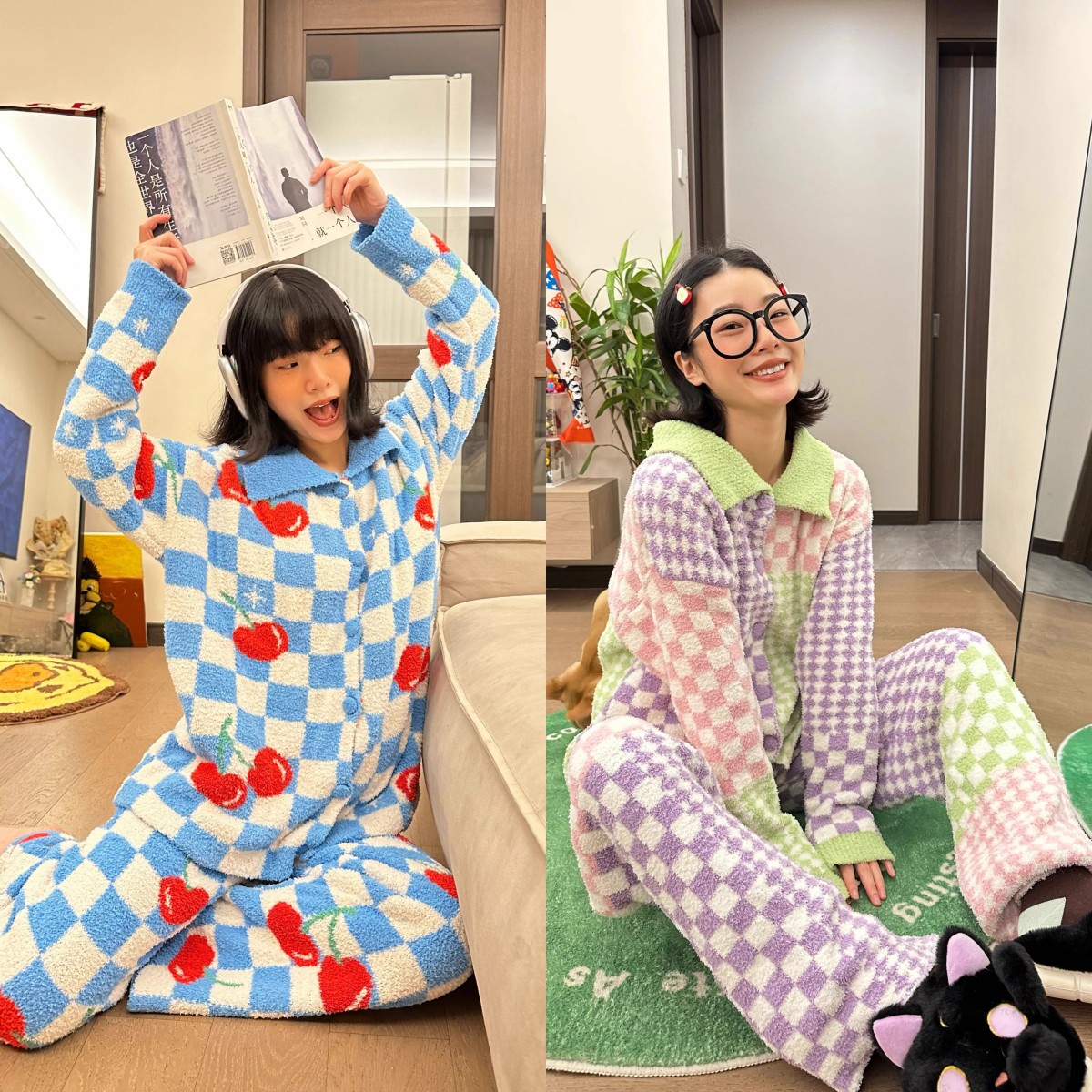 ins韩系格子休闲宽松针织睡衣女