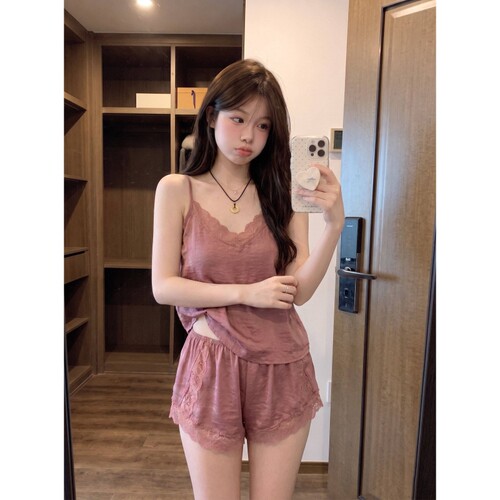 少女甜美粉色花边吊带睡衣女款夏