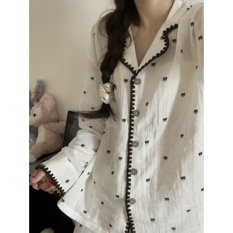 翻领纯棉睡衣女秋外穿家居服套装