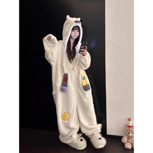 趣味卡通珊瑚绒睡衣女冬季新款加厚保暖连帽卡通家居服一体式睡袍