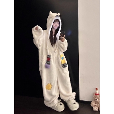 趣味卡通珊瑚绒睡衣女一体式睡袍