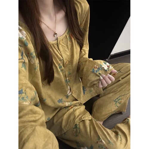 新中式复古花卉宽松睡衣女春秋季