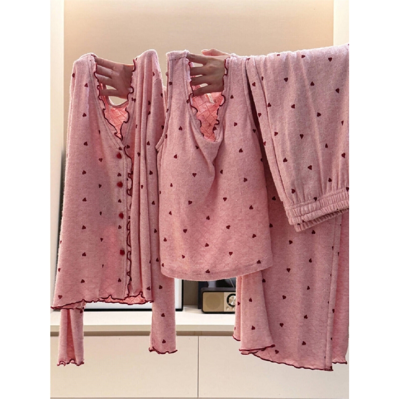 法式甜美爱心木耳边睡衣女秋季