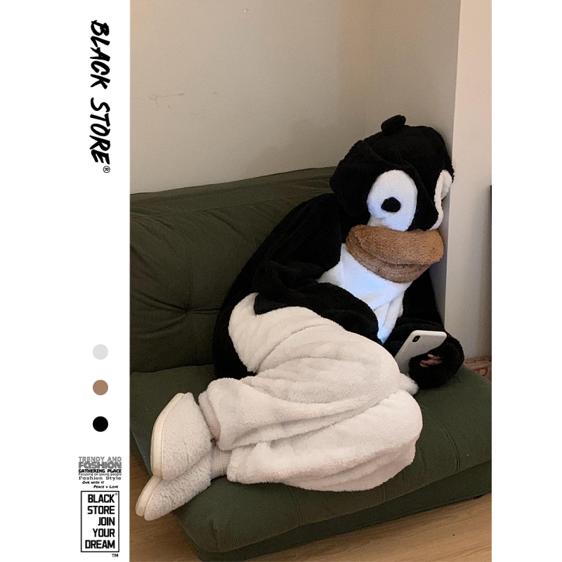 可爱搞怪企鹅连帽珊瑚绒睡衣女冬