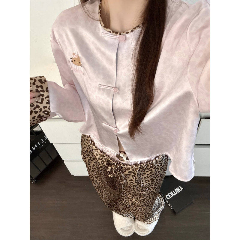 甜酷新中式豹纹黑皮kt睡衣女套装