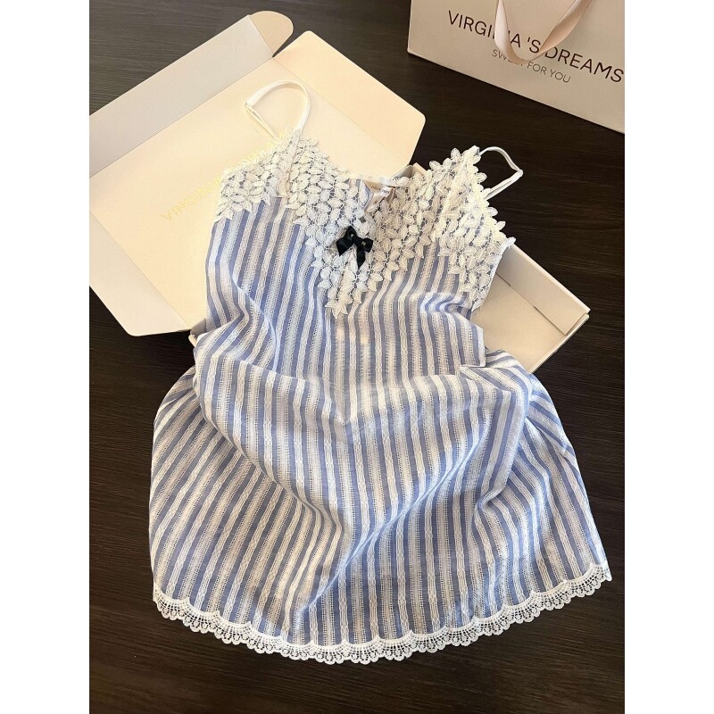 夏天纯欲蕾丝条纹吊带睡裙女款2026新款韩版少女甜美居家裙子夏季