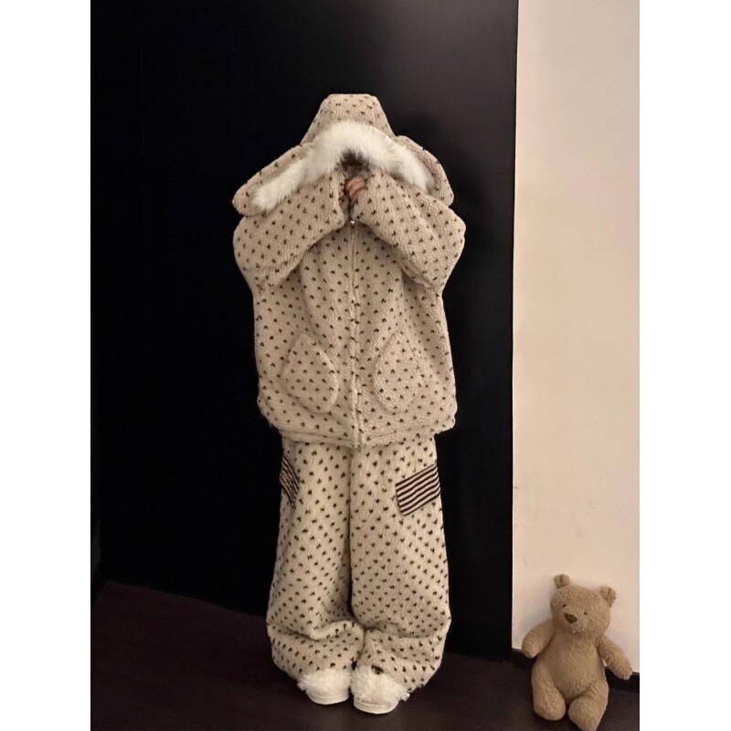 韩版波点毛绒兔子连帽珊瑚绒睡衣女款冬季新款舒适保暖家居服套装,女士内衣/男士内衣/家居服,睡衣/家居服套装,淘宝优惠券,粉丝福利购,淘宝优惠卷