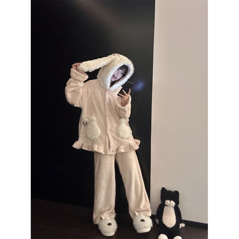甜美少女兔子大耳朵连帽珊瑚绒长袖睡衣女秋冬新款大码家居服套装