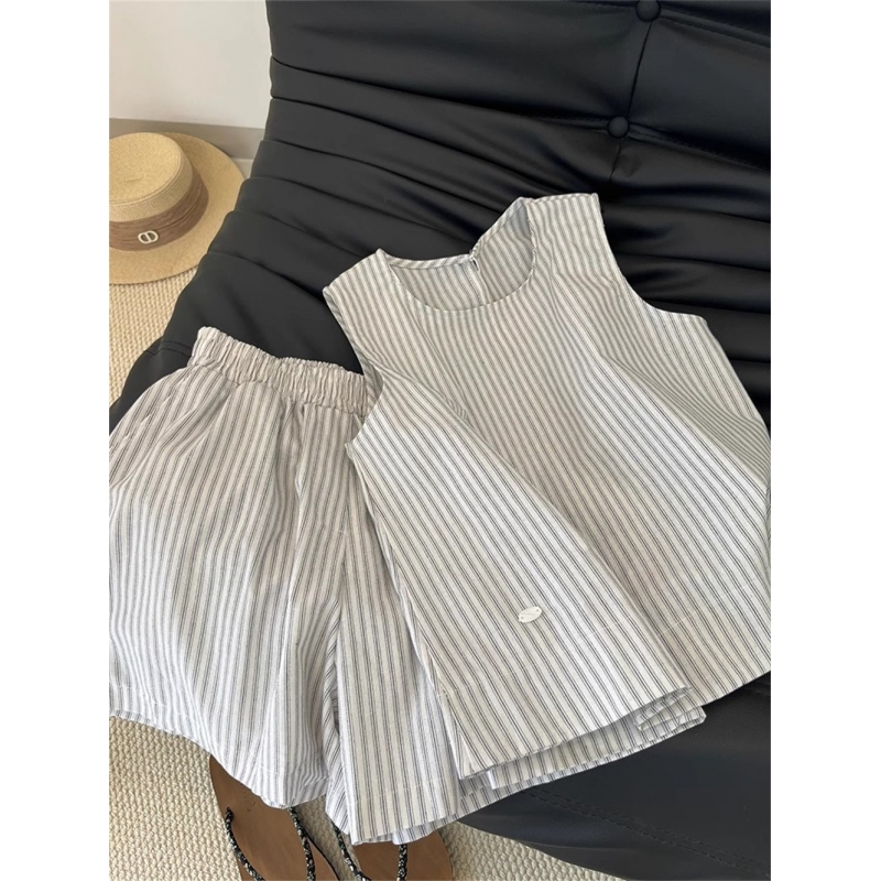 韩版简约百搭无袖睡衣女款夏季宽松条纹短裤大码可外穿家居服套装