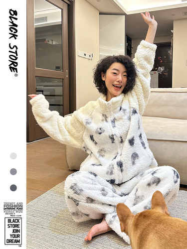 韩版高级猫狗印花珊瑚绒睡衣女冬