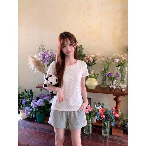 甜美波点带胸垫短袖睡衣女2026夏季新款大码短裤家居服套装可外穿