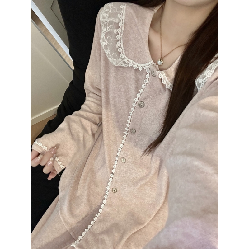 韩系甜美蕾丝边纯色德绒睡衣女冬