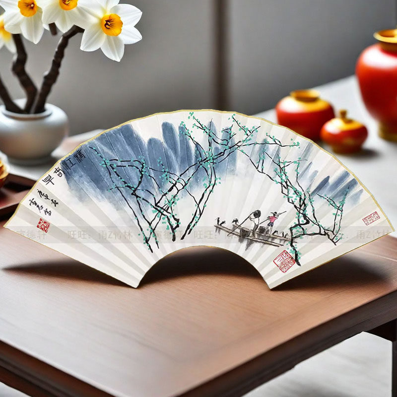 手绘扇面漓江竹筏 青绿山水画 仿白雪石扇子 95寸18方折扇 可定制