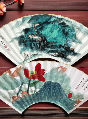 仿张大千山水画手绘扇面95寸18方