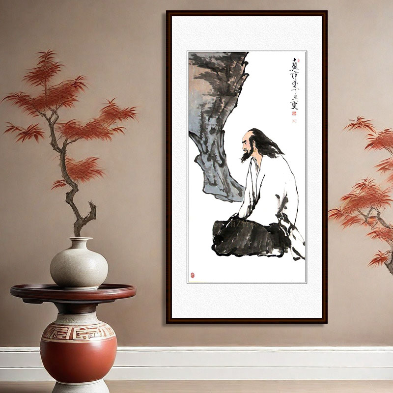 仿范曾达摩面壁 手绘国画人物画 中式客厅装饰画 竖条幅挂画 多图