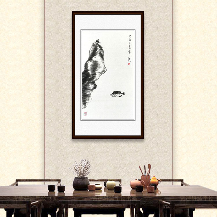 纯手绘仿八大山人小鸟鳜鱼图水墨画条幅小品禅意国画名家书画挂画