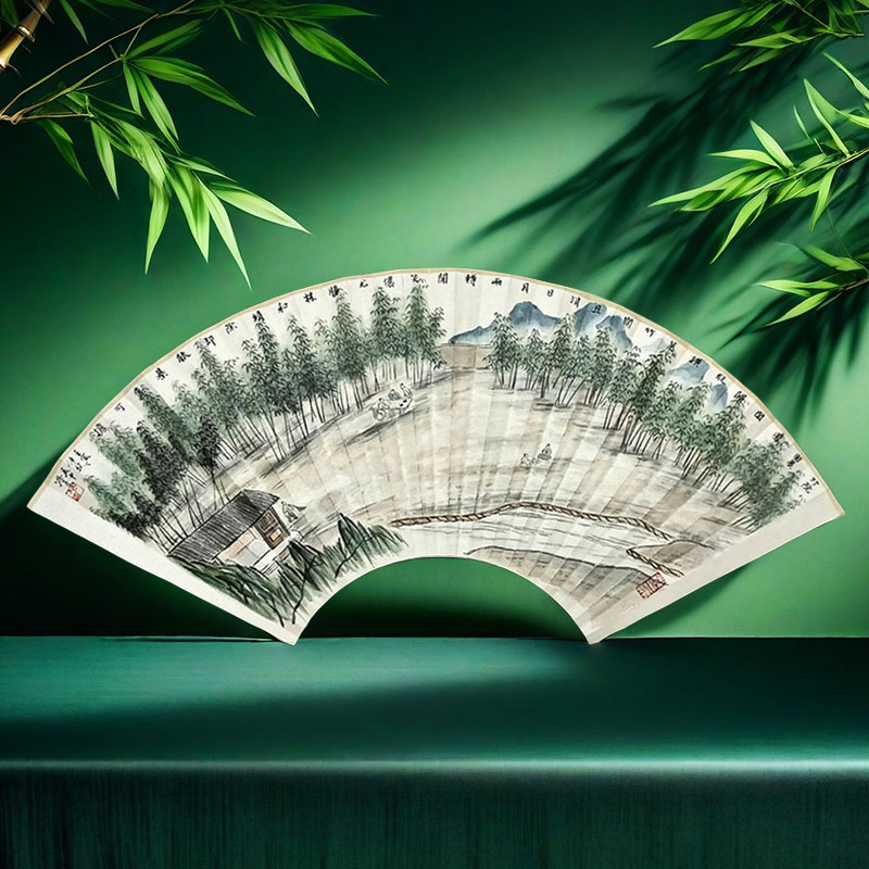 纯手绘扇面 竹林对弈图 古人物山水画 擬齐白石扇子 95寸18方折扇