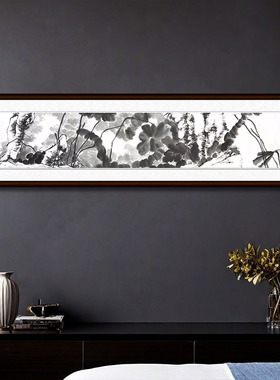 水墨花鸟画 横幅荷花塘 手绘国画 仿八大山人禅字画 客厅挂画定制