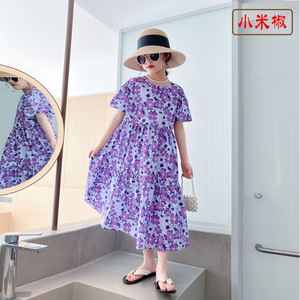 夏季新款韩版女童碎花连衣裙亲子款姐妹款短女大童全棉花朵袖长裙