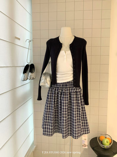 【Y.JIA 伊嘉】蕾丝吊带+针织开衫+休闲两穿抹胸褶皱伞裙Y26-9937