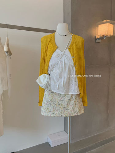 【Y.JIA 伊嘉】麻花针织开衫+蕾丝吊带衫+碎花半裙3件套Y26-9975