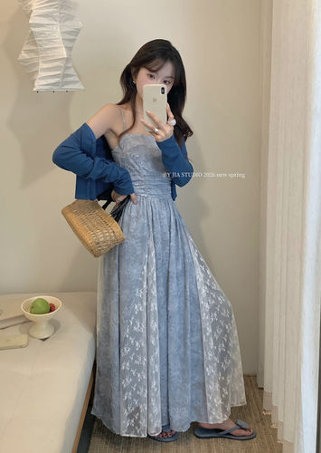 【Y.JIA 伊嘉】蕾丝拼接设计吊带连衣裙+防晒开衫套装Y26-9906