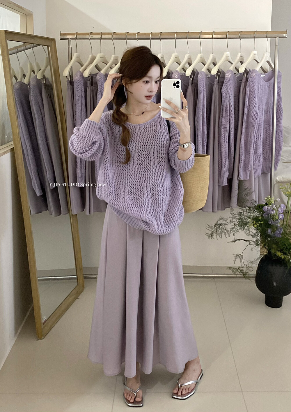 【Y.JIA 伊嘉】复古宽松镂空毛衣+中长款仙气a字半身裙套装9920-5