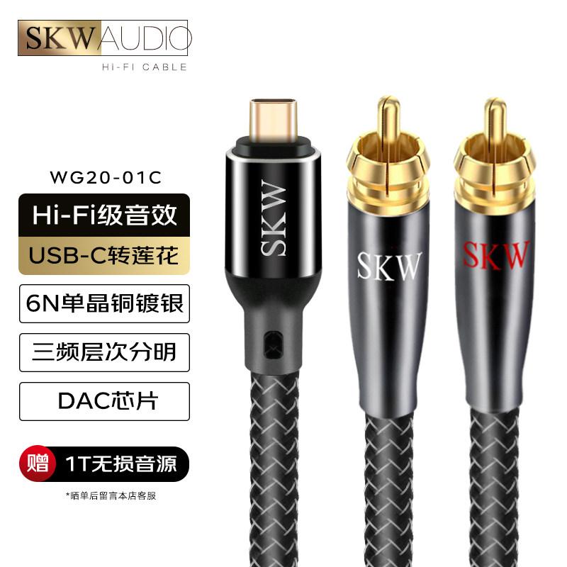 SKW高端发烧单晶铜镀银一分二type-c转双莲花头rca线音响功放线