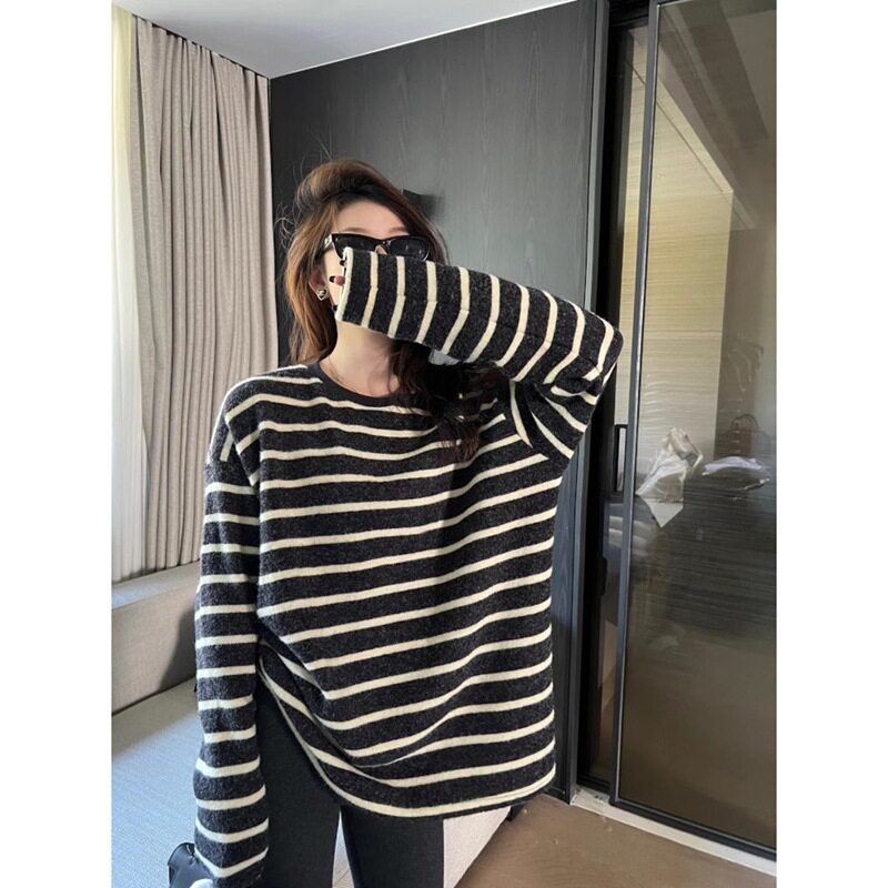 懒宽松显瘦长袖条纹t恤女